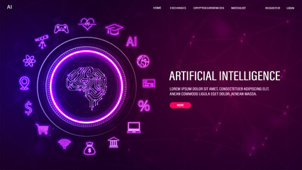 A web banner with a brain in a neon frame with icons of games, medicine, science, medicine, technology, banking on a blue and purple background. A concept for AI artificial intelligence.