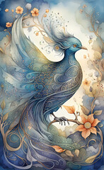 Digital watercolor illustration of a beautiful magical fantasy bird with bright wings and a wavy tail with flowers in the branches