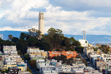 San Francisco Coit Tower & Bay Bridge Beautiful Day