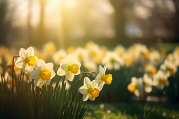 Beautiful daffodils blooming amidst sunshine and bokeh. Generative AI - obrazy, fototapety, plakaty