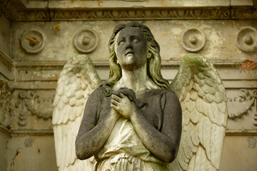 winged angel with folded hands on a historical tomb looks up to heaven expectantly