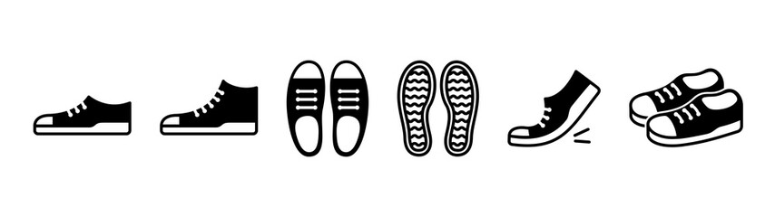 Shoes outline monochrome icon set. Shoes side view, above view, and shoe sole, etc.