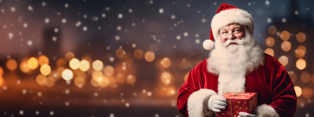 Santa Claus Man in Christmas Hat Red Suit Clothes holding Gift present Box in living room Background with Christmas Tree. Happy New Year, Merry Christmas, x-mas Holiday Concept. Ai Generative