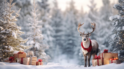 New year celebration holiday concept. Presents gift boxes on the snow under Christmas tree. Christmas reindeer in winter forest. Ai generative