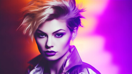 A color illustration of a glamorous model with short blond hair. Psychedelic colors.