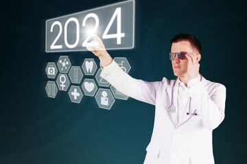 Fototapeta na wymiar Young caucasian doctor wearing virtual glasses with modern touch screen monitor