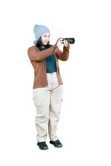 Asian woman in winter clothes holding a DSLR camera isolated on white background