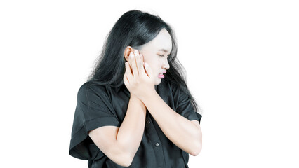 Young Asian woman with ear pain isolated over white background