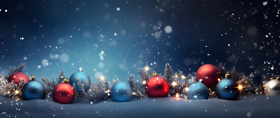 Fototapeta na wymiar Christmas decoration balls, baubles on dark blue bokeh background, bokeh with copy space