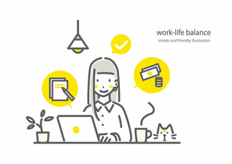 自宅でストレスなく仕事をする女性　シンプルでお洒落な線画イラスト