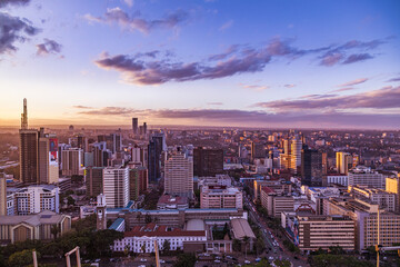 Nairobi City County Kenya Capital Sunset Sunrise Sundowner Golden Hour Cityscapes Skyline Skyscrapers Landscapes Tall Building Landmarks In Kenya East Africa Aerial Clouds Safaris Travel Documentary  - obrazy, fototapety, plakaty