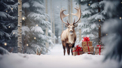 Present gift boxes on the snow under Christmas tree. Christmas reindeer in winter forest. Delivering giftboxes. New year celebration holiday concept. Ai generative