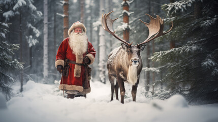 Santa Claus With reindeer in winter forest. Concept of new year coming. Christmas celebration. Ai generative