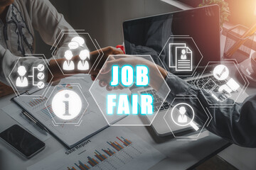 Job fair concept,Business team making handshake with his partner in office desk with job fair icon on virtual screen. - obrazy, fototapety, plakaty