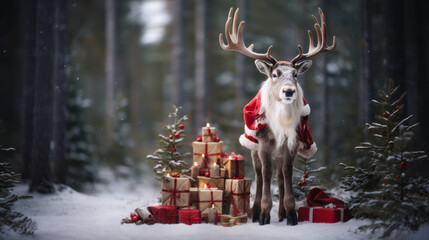 New year celebration holiday concept. Presents gifts boxes on the snow under Christmas tree. Christmas reindeer in winter forest. Ai generative