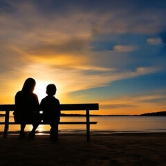 Fototapeta na wymiar Siluetas mujer y niño sentados en un banco junto a un lago observando una bonita puesta de sol 
