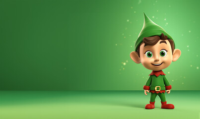 A cute 3D Christmas elf on a green background - obrazy, fototapety, plakaty