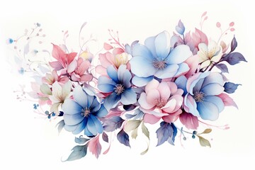 Illustration of delicate pink and blue flowers. Generative AI