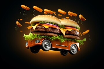 3D-rendered image of hamburger being delivered. Generative AI