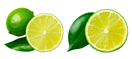 Citrus lime fruit isolated on white background cutout. cut in half lime. top view. transparency background - Generative AI