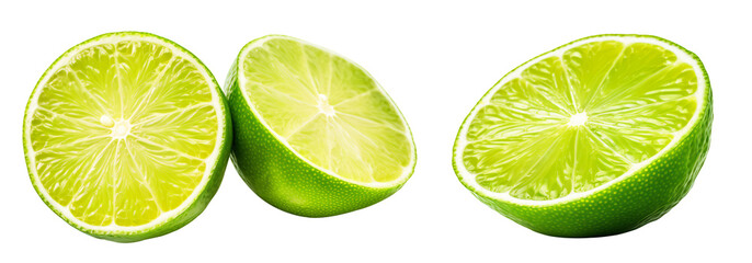 Citrus lime fruit isolated on white background cutout. cut in half lime. top view. transparency background - Generative AI - obrazy, fototapety, plakaty