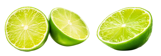 Citrus lime fruit isolated on white background cutout. cut in half lime. top view. transparency background - Generative AI