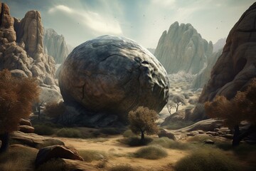 An enormous sphere-shaped rock in a magical landscape of an alien planet. Generative AI