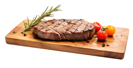 Grilled beef steak on wooden board with tomatoes and rosemary isolated on transparency background. top view - Generative AI