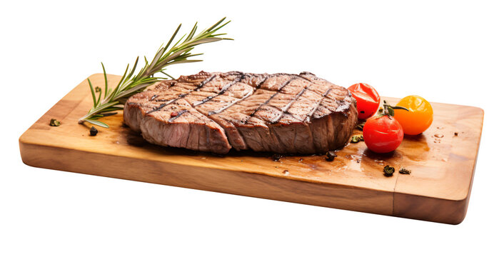 Grilled beef steak on wooden board with tomatoes and rosemary isolated on transparency background. top view - Generative AI