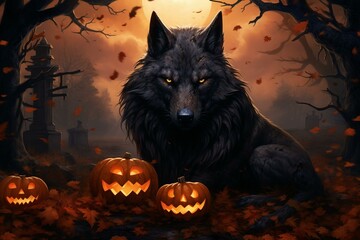 Wolf and Halloween Header Size. Generative AI