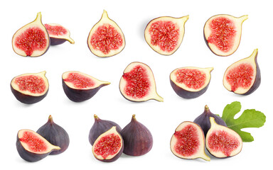 Set with whole and cut figs on white background