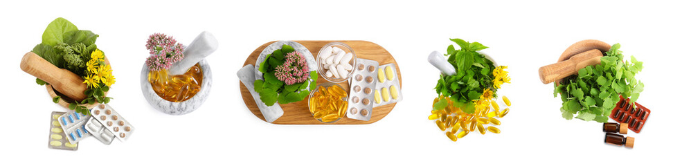 Set of mortars, herbs, pills and extracts isolated on white, top view. Alternative medicine