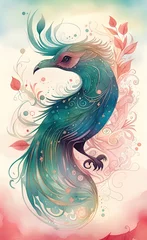 Tuinposter Digital watercolor illustration of a beautiful magical fantasy bird with bright wings and a wavy tail with flowers in the branches © Perecciv