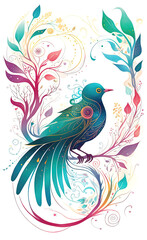 Digital watercolor illustration of a beautiful magical fantasy bird with bright wings and a wavy tail with flowers in the branches