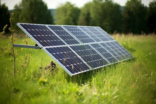 Solar panel on grassy field. Generative AI