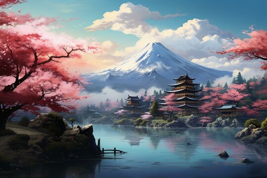 Artwork depicting serene landscapes of Japan. Generative AI
