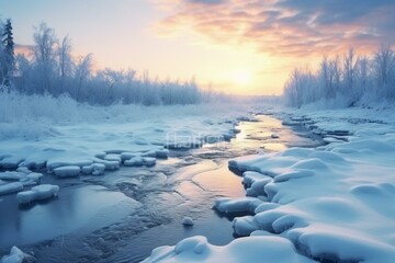 Frozen river with snowy scenery. Generative AI - obrazy, fototapety, plakaty