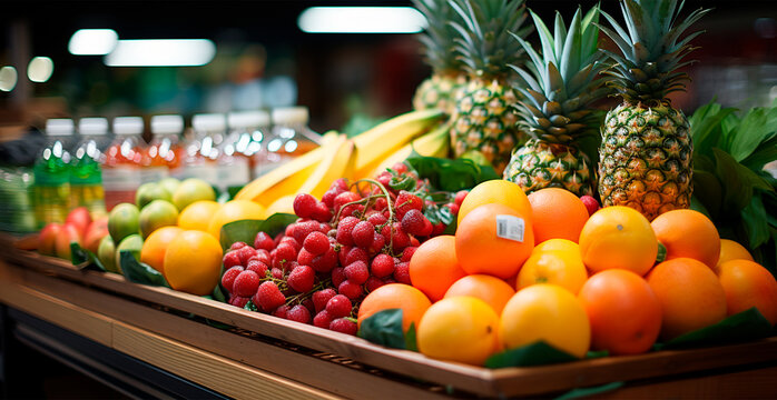 Grocery store, supermarket, fresh fruit market, eco food - AI generated image