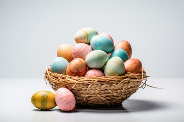 Fototapeta na wymiar Easter egg basket on white backdrop. Generative AI