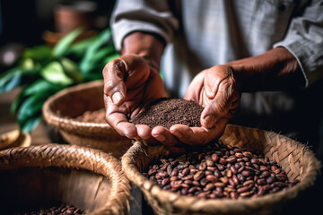 Fototapeta premium man hands holding coffee beans, Making ethical coffee choices.