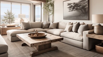 An inviting family room with a sectional sofa, oversized throw pillows, and a rustic reclaimed wood coffee table, creating an atmosphere of casual comfort