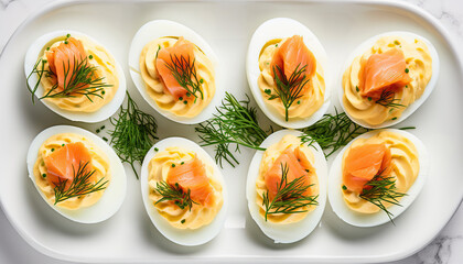 boiled eggs with thinly sliced ​​salmon and cream cheese on a white marble bench, food photography