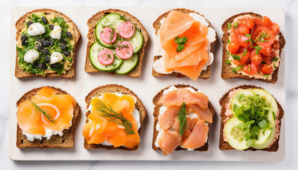 toast sandwiches with a variety of toppings with salmon, cream cheese, yogurt, hummus, egg, tuna, cucumber, on a white marble bench, food photography,