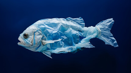 Fish made of plastic bags are swiming in the ocean. Contamination of the Oceans. Marine plastic pollution concept. Environmental pollution. Black background. Ai generative - obrazy, fototapety, plakaty