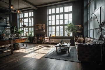 Interior of a vintage industrial loft apartment with a luxurious atmosphere. Generative AI