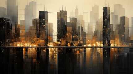 An urban skyline at twilight, characterized by a blend of steel gray and warm amber tones reflecting off glass skyscrapers