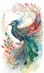 Fototapeta premium Digital watercolor illustration of a beautiful magical fantasy bird with bright wings and a wavy tail with flowers in the branches