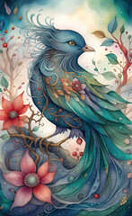 Digital watercolor illustration of a beautiful magical fantasy bird with bright wings and a wavy tail with flowers in the branches