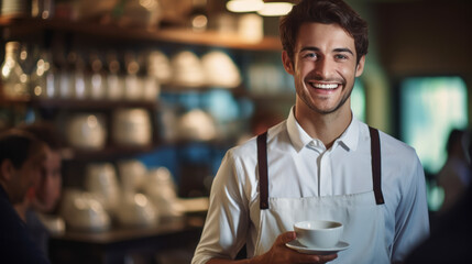 Fototapeta na wymiar Portrait of a young barista man. Selling smile and coffee. Ai generative