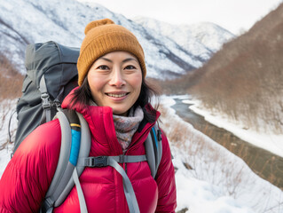 Fototapeta na wymiar A portrait of smiling Asian girl tourist in beautiful mountain tracking route. Woman wear the sport active wear with backpack. Ai generative